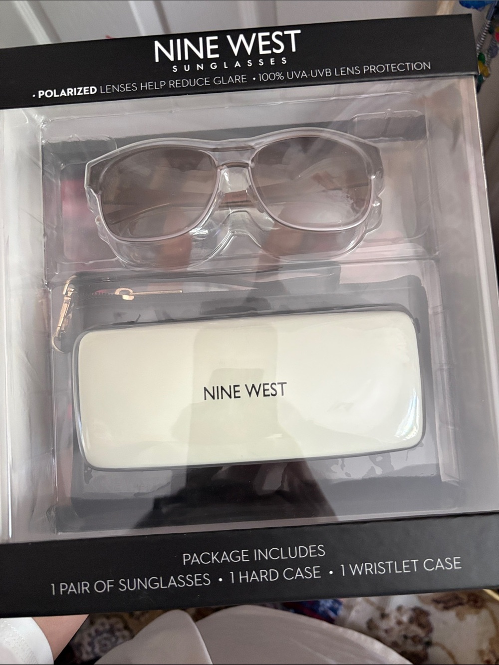 Nine West Clear Frame Sunglasses with Gray Gradient Lenses and White Case